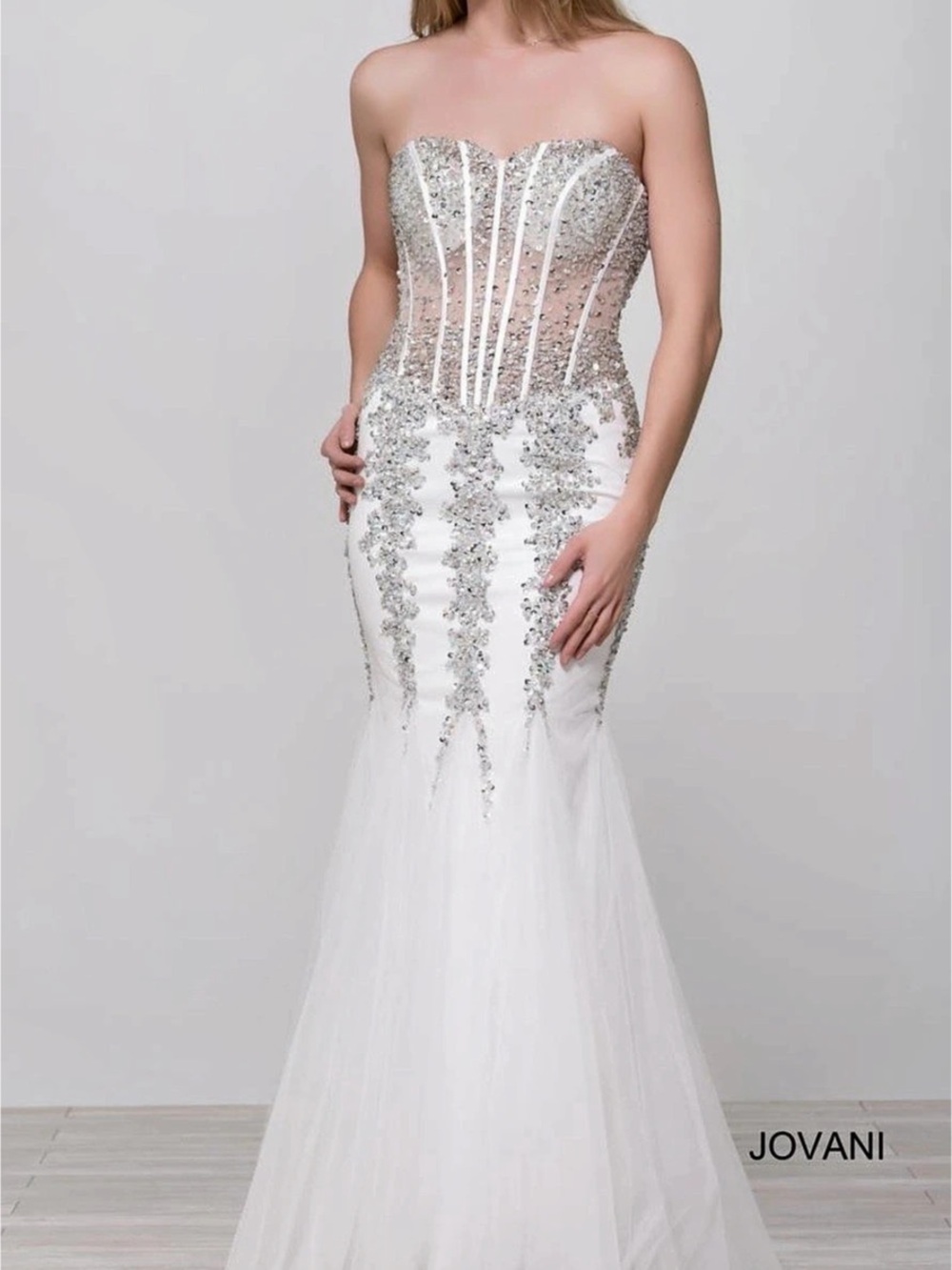 Jovani Lace Pattern Long Dress Strapless White & Silver XS